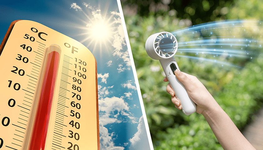 Thermometer in strahlender Sonne neben einem tragbaren Kühlgerät im Einsatz im Freien